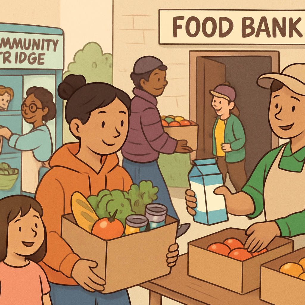 Image carrée illustrant une banque alimentaire et l’aide aux personnes en situation de pauvreté