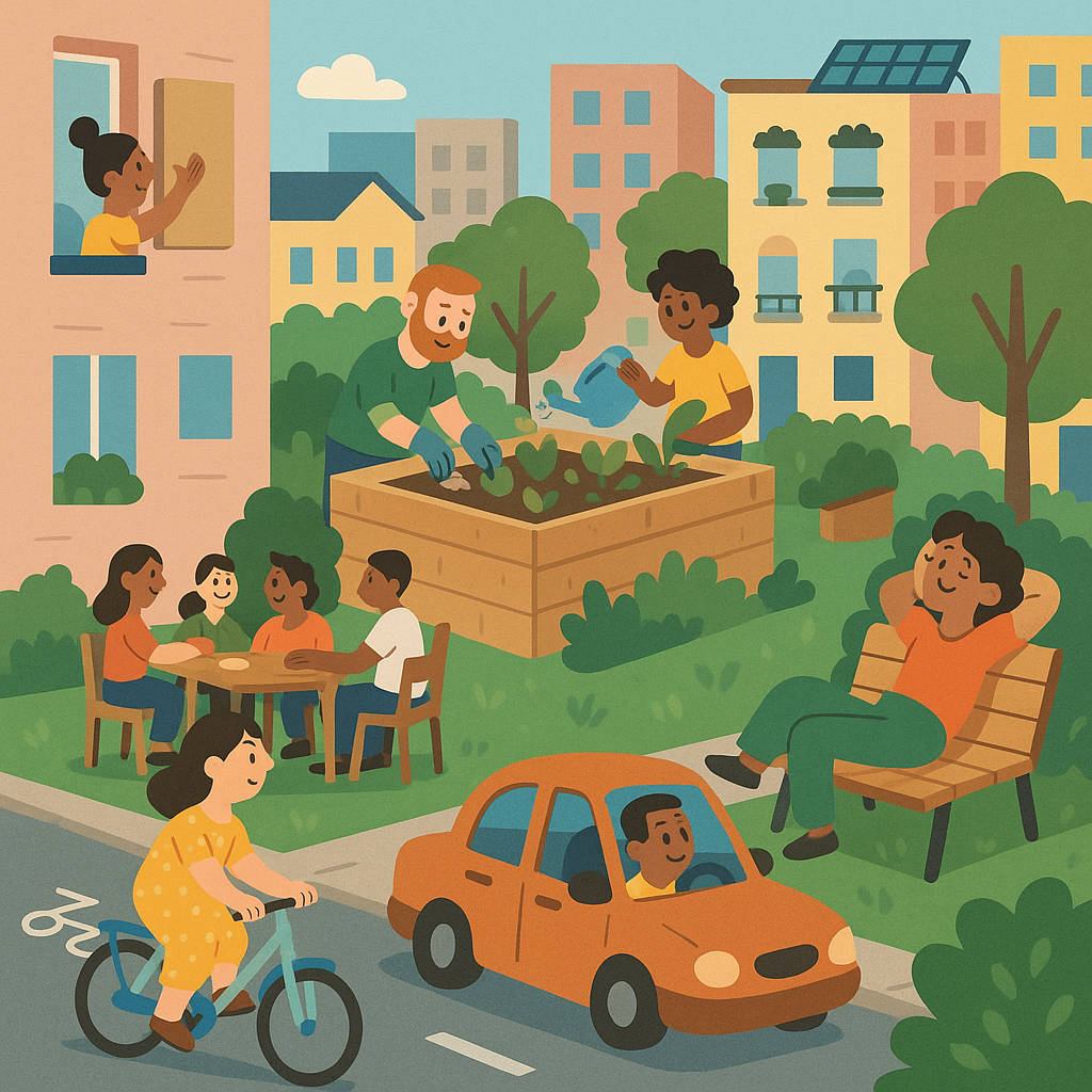 Image carrée illustrant une ville plus verte, plus humaine et plus respirable